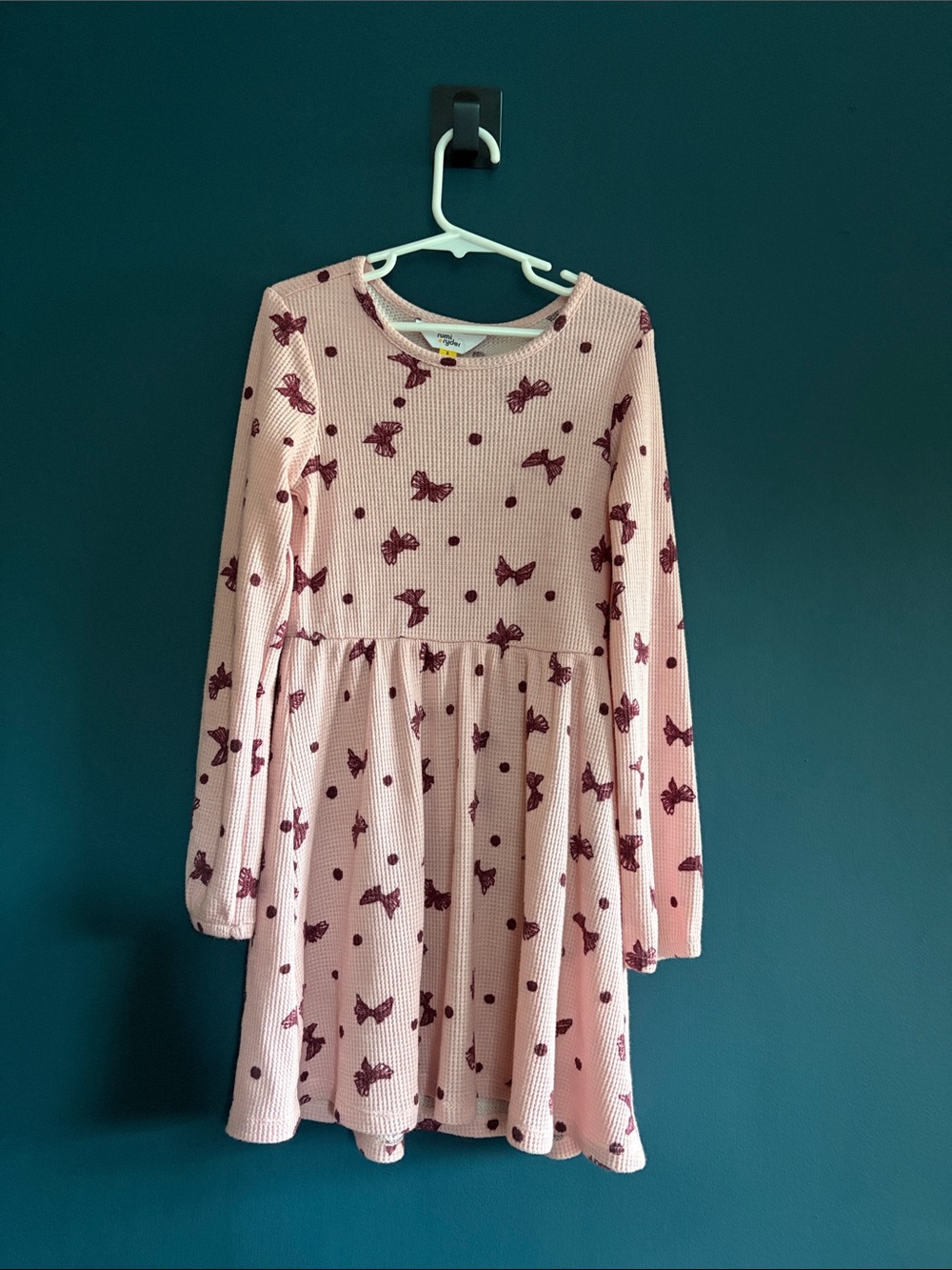 Girls' Pink Bow Print Long-Sleeve Knit Dress